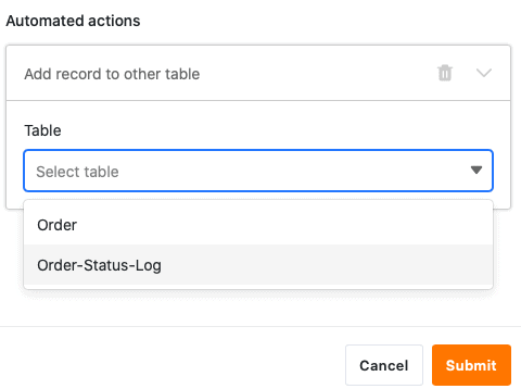Selection of the table in which the entry is to be added after triggering the trigger
