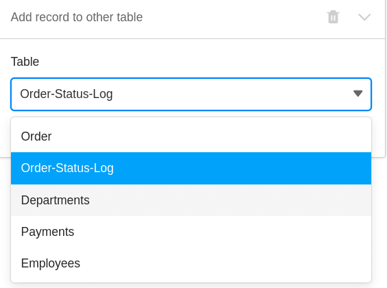 Selection of the table to which the entries will be added when the automation is triggered