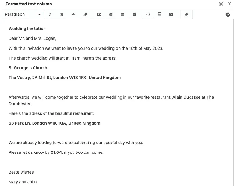 Application example of a Long text column