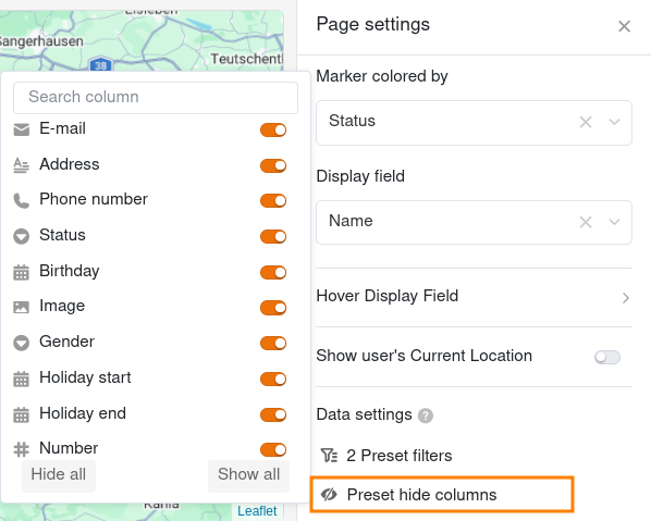 Скрыть колонки на страницах карты