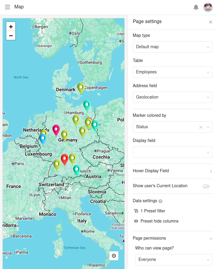 Настройки страницы карты в приложениях
