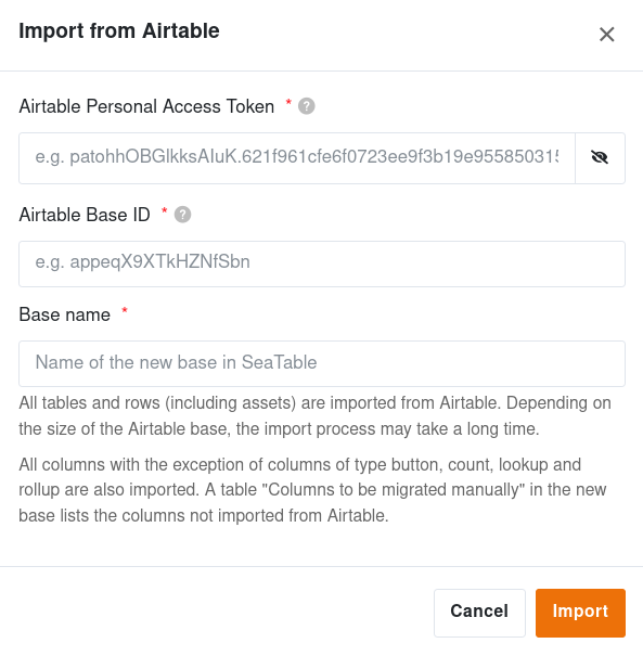 Airtable Import Dialogfenster