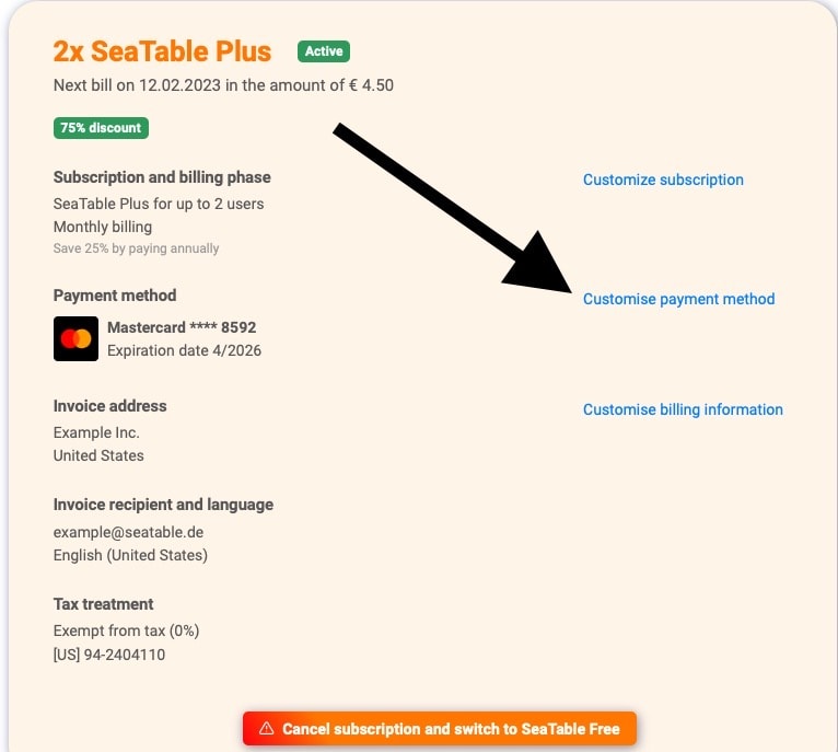 You can change your payment method at any time in the Subscription tab in the team administration