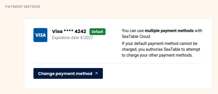 In der Teamverwaltung können Sie Ihre hinterlegte Kreditkarte einsehen, verändern und löschen.