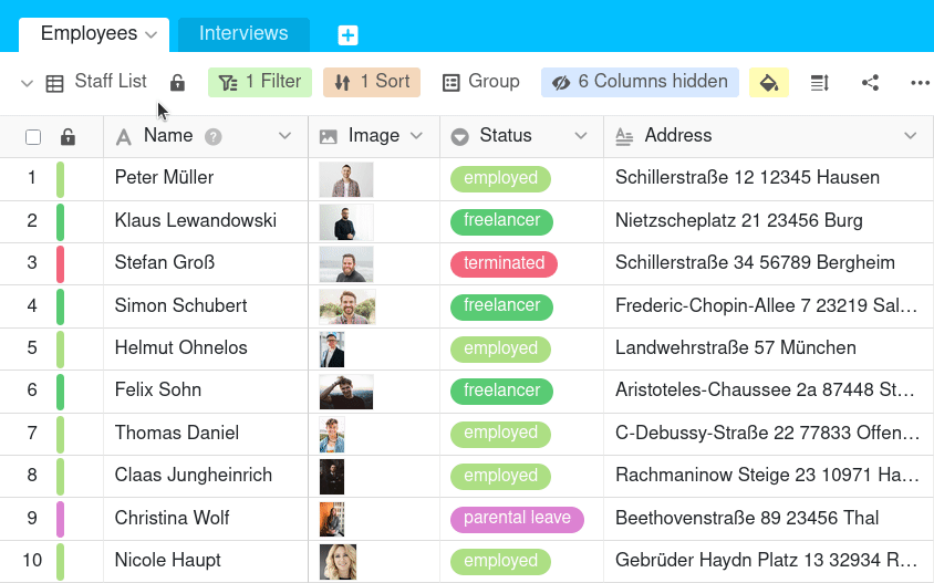 Anpinnen der verschiedenen Ansichten einer Tabelle