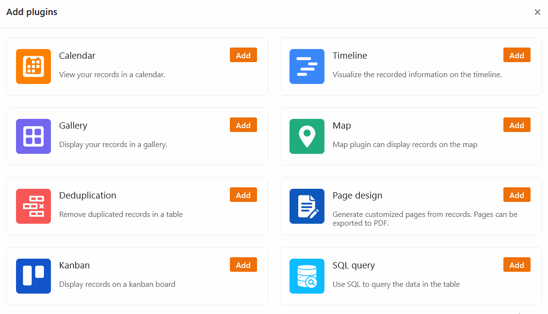 Visão geral de todos os plugins no SeaTable