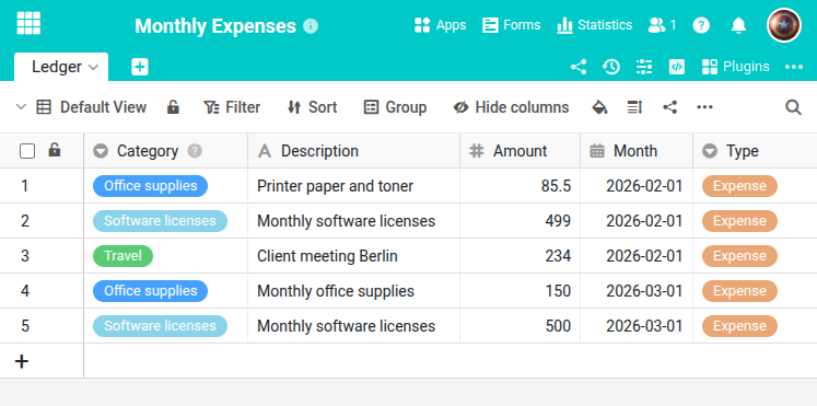 Monthly Expenses in SeaTable