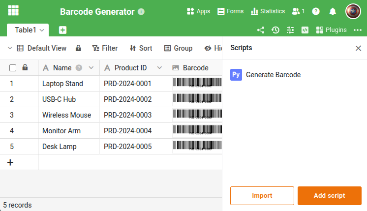 Barcode Generator in SeaTable