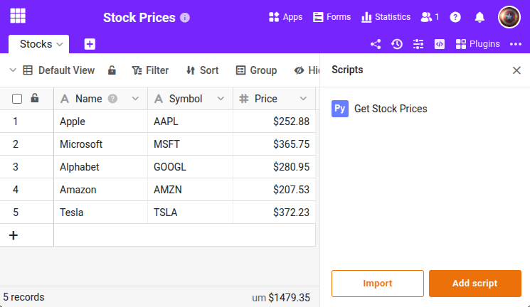 Stock Prices in SeaTable