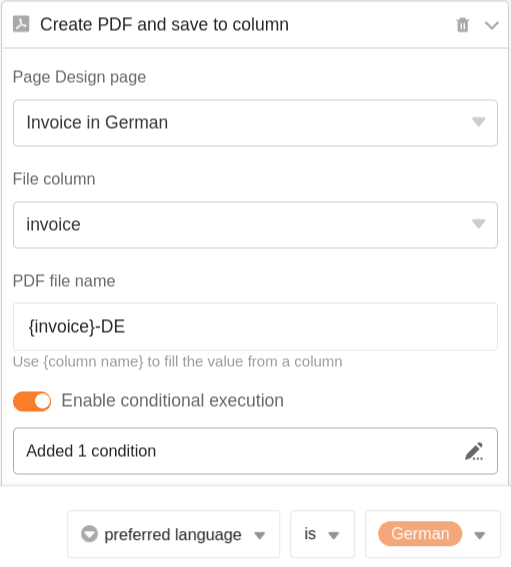 définition de différents modèles dans différentes langues pour chaque action, de sorte que le modèle approprié soit enregistré dans la colonne en fonction de l’origine du client et de la pertinence de la condition de filtrage