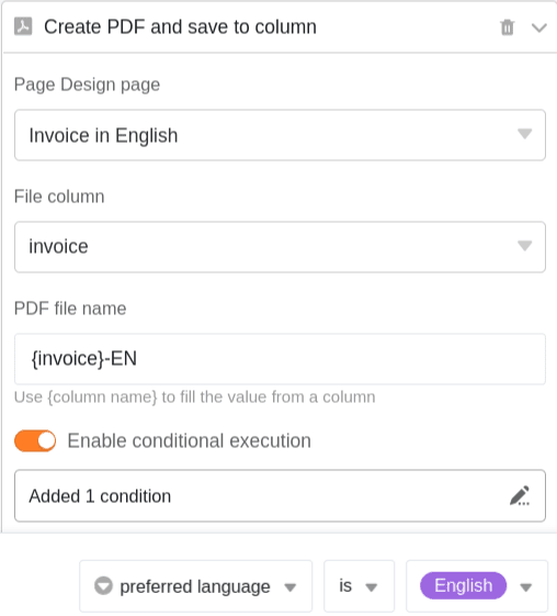 définition de différents modèles dans différentes langues pour chaque action, de sorte que le modèle approprié soit enregistré dans la colonne en fonction de l’origine du client et de la pertinence de la condition de filtrage