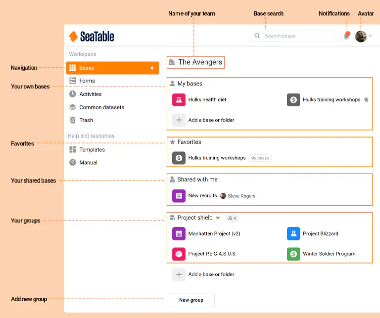 Éléments de la page d’accueil SeaTable