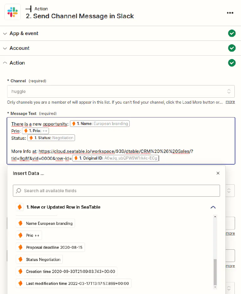 Configuración de la acción con los valores del disparador
