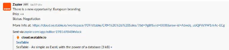 El mensaje creado por Zapier en el canal Slack