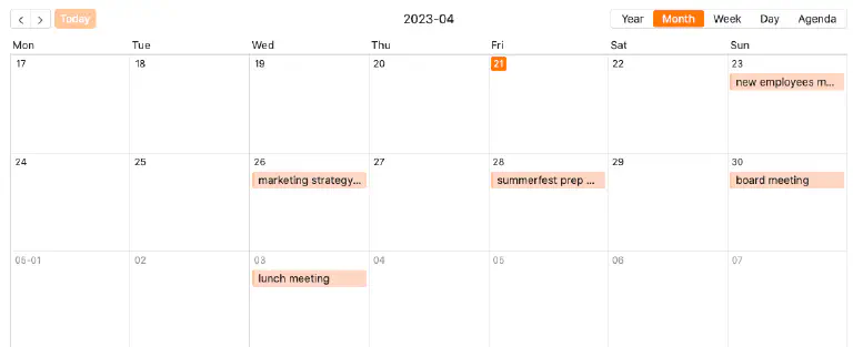 Próximas reuniones en una vista de calendario de la página de calendario