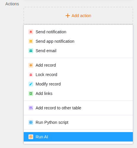 Aktionsliste mit Option Run AI