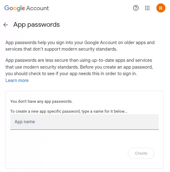 Génération d’un mot de passe Google app