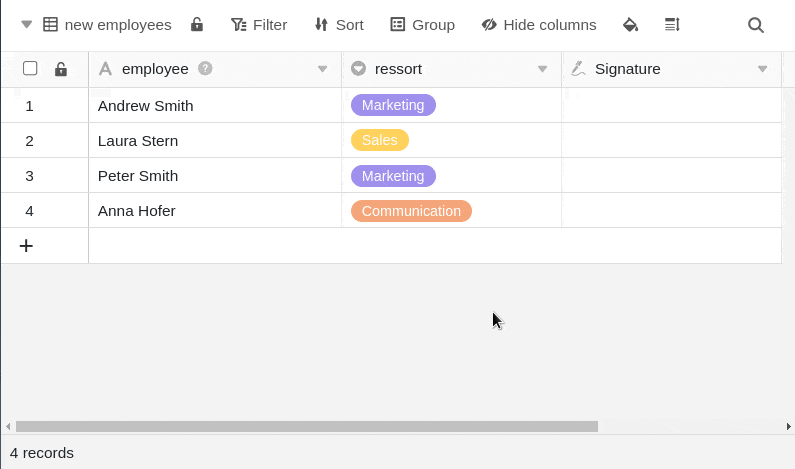 " Deposit a signature in a signature column