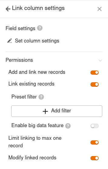 Link column settings on single record pages