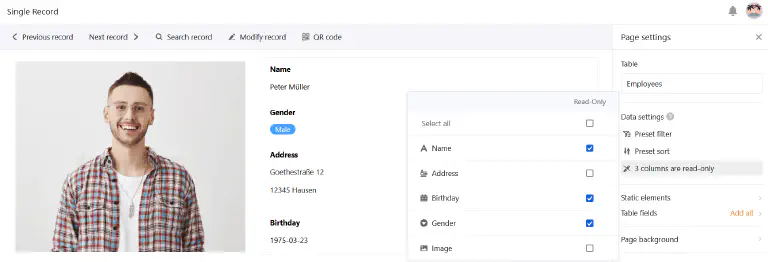 Колонки, доступные только для чтения, на страницах с одной записью