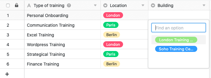 Опции, доступные в единственном столбце выбора после определения каскадирования
