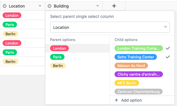 Назначение опций родительского столбца одиночного выбора