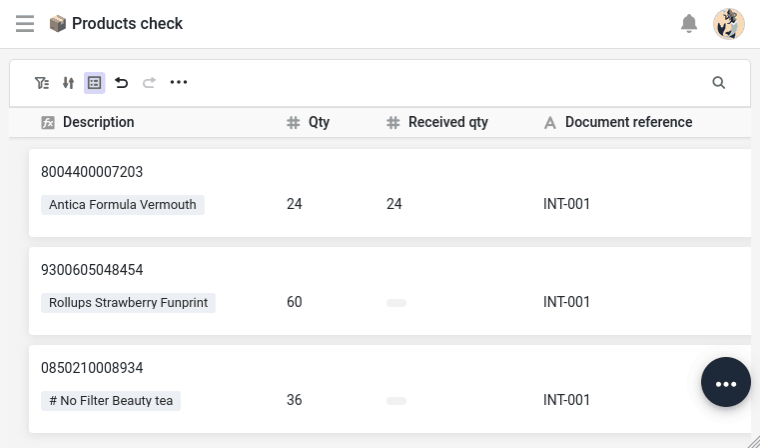 The receiving app showing the line items to check, with the received quantity and status fields