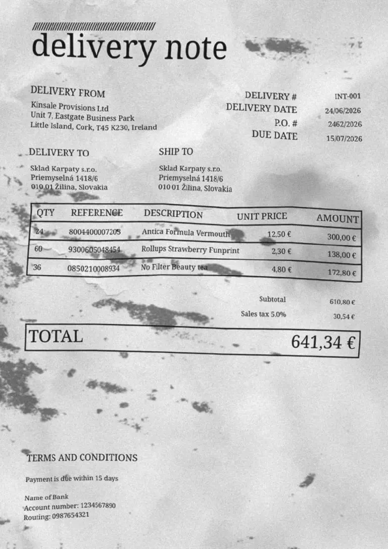 The delivery note as a photograph: creased, stained and shot at an angle on the dock