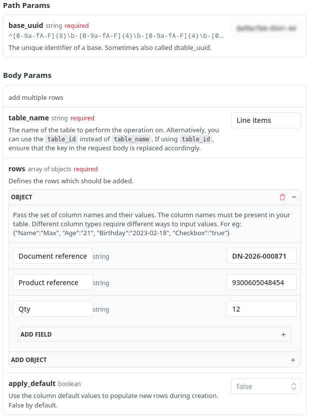 The settings panel of the append_rows operation on api.seatable.com, filled in with one delivery line