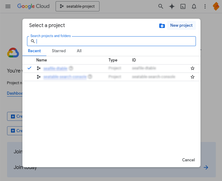 seleção de projeto no Google Cloud