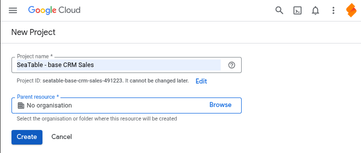 criar novo projeto na Consola Google Cloud