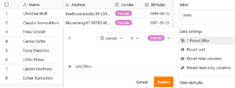 Añadir filtro en la página de tabla en Universal Apps