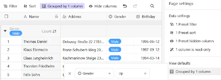 Vista por defecto agrupada por una columna en una página de tabla en Universal Apps