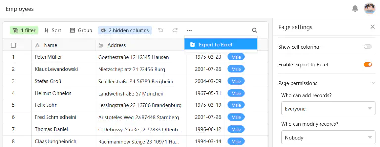Включите экспорт страницы таблицы в Excel