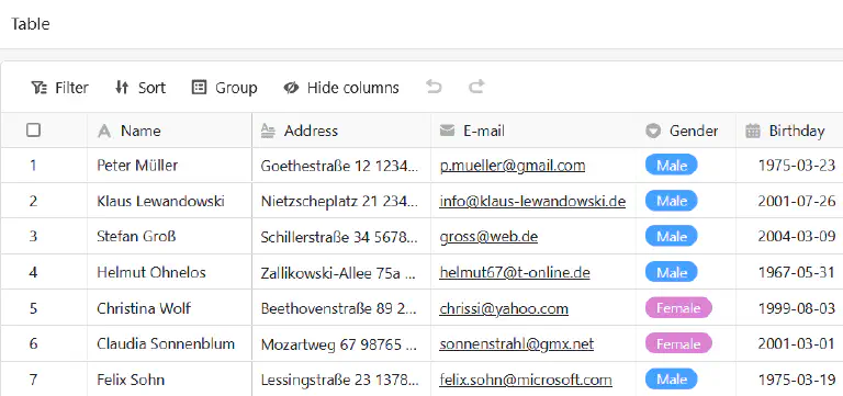 Страница таблицы в приложении
