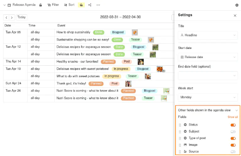 Agenda en la vista de calendario