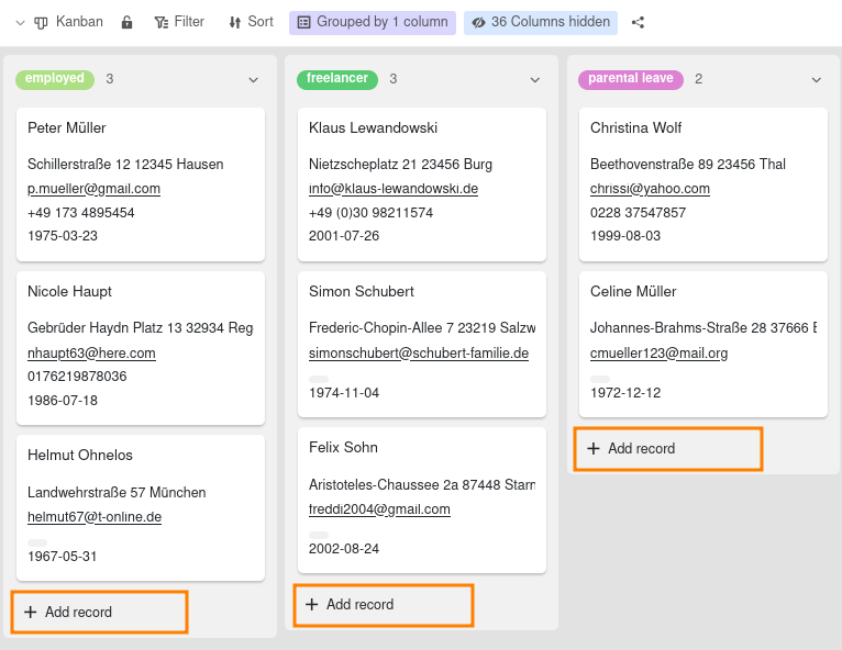 Adicionar um novo registo na visualização Kanban