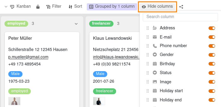 Ocultar colunas na vista Kanban