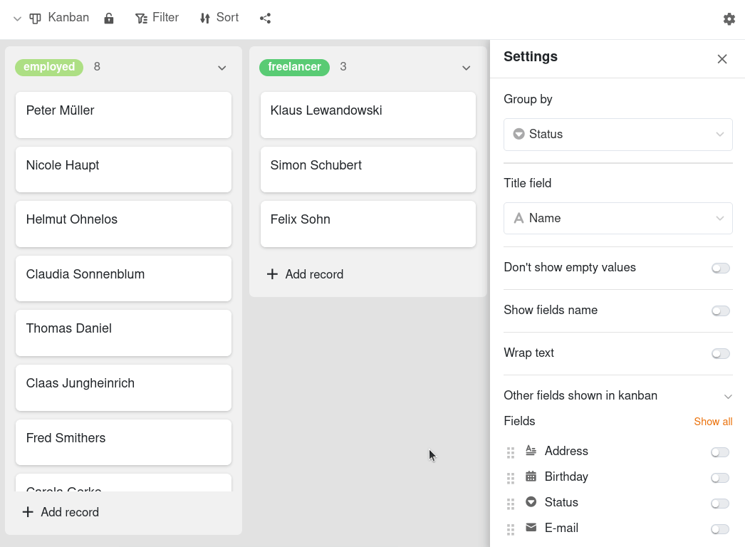 configuración de la vista Kanban