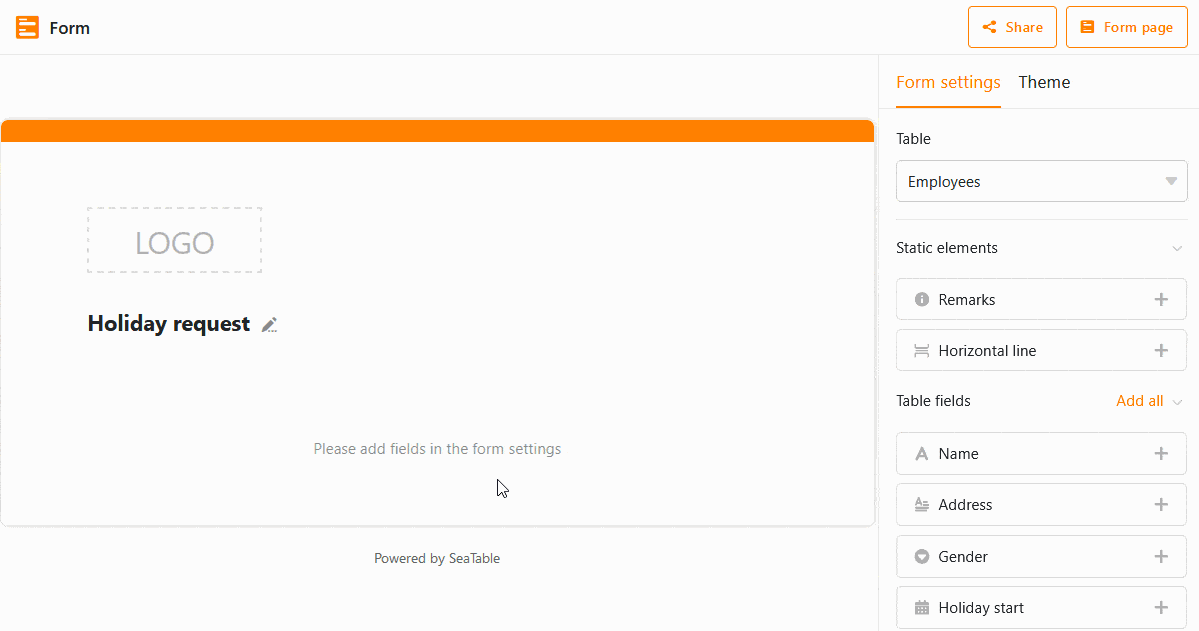 Adding and configuring fields in a web form