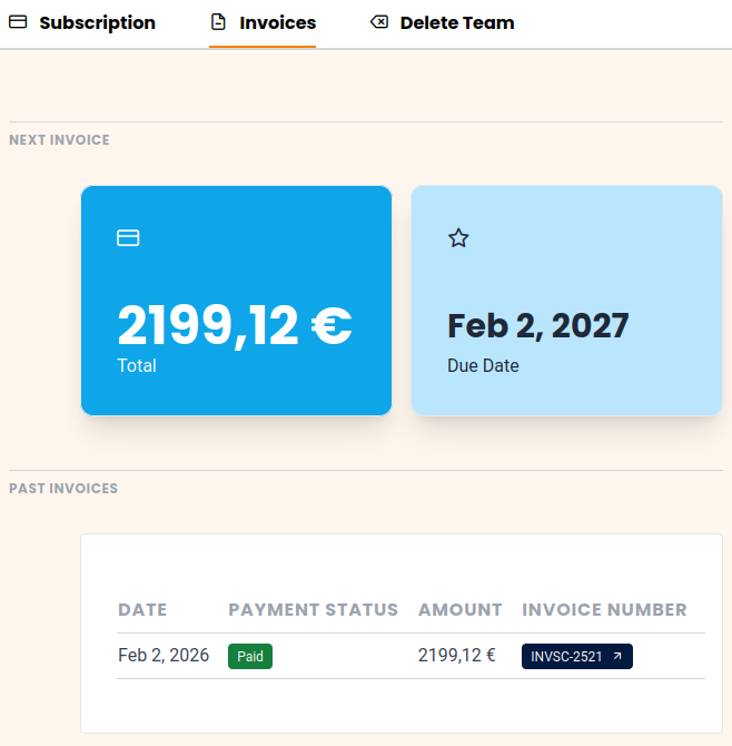 vos factures dans l&rsquo;administration d&rsquo;équipe SeaTable.