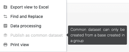 Note if you want to publish a common dataset from a view from a base from the &ldquo;My bases&rdquo; area.