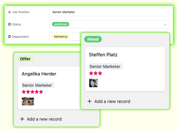 Visualização do SeaTable para gestão automatizada de candidatos por IA no recrutamento