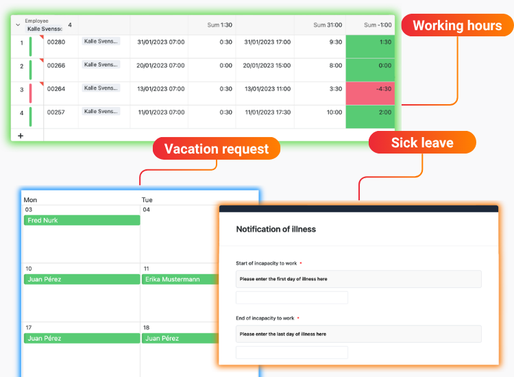 Visualização do registo de tempo do SeaTable HR com horários de trabalho e ausências
