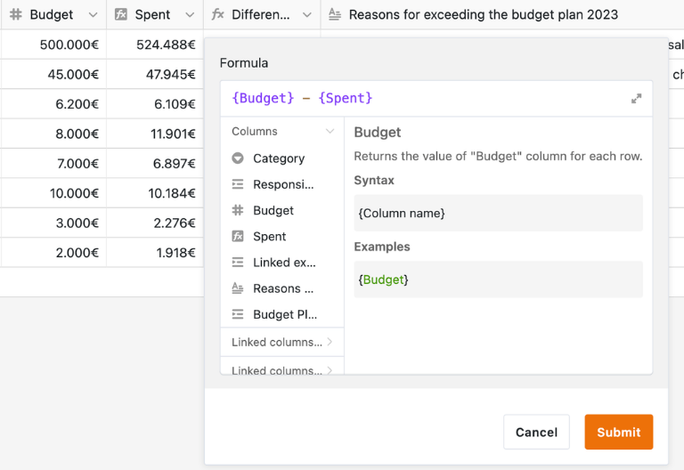 Formula editor in SeaTable: {Budget} - {Spent} calculates the difference for every row