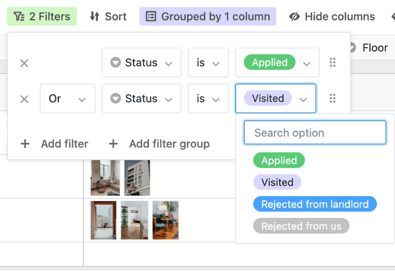 Filters and grouping in a SeaTable view: status is “Applied” or “Visited”