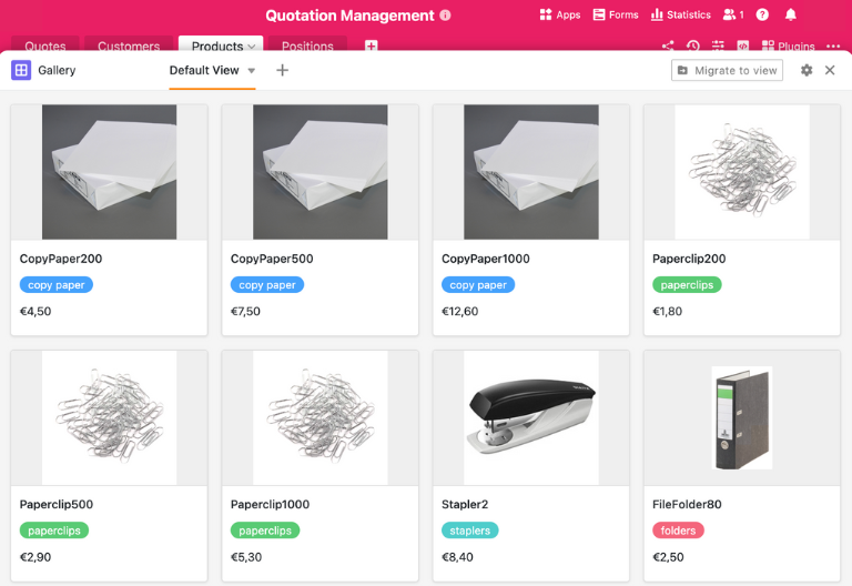 Каталог продуктов в SeaTable с артикулами, описаниями, категориями, чистыми и брутто ценами