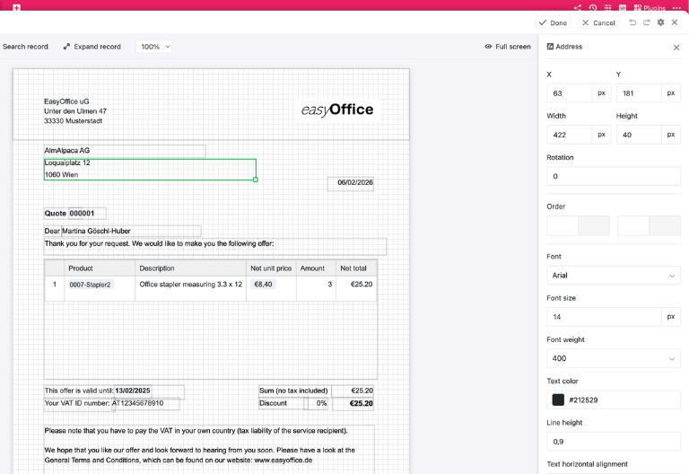 SeaTable-Ansicht, в которой подтвержденное предложение одним щелчком мыши превращается в подтверждение заказа