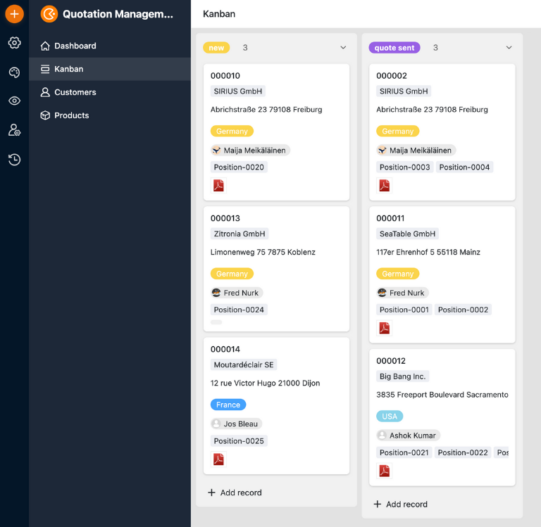 Приложение для предложений в SeaTable App Builder с формами, доской Kanban и интуитивно понятным интерфейсом для продаж
