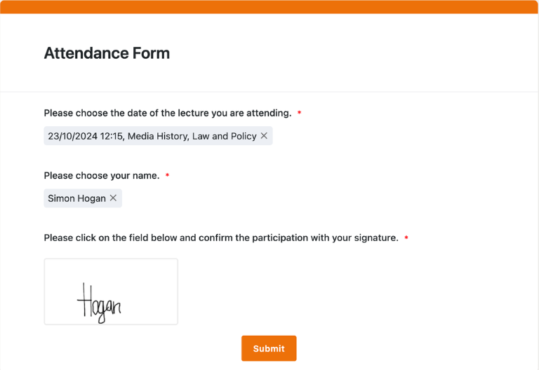 Tableau de présence numérique avec enregistrement via un formulaire, signature et horodatage